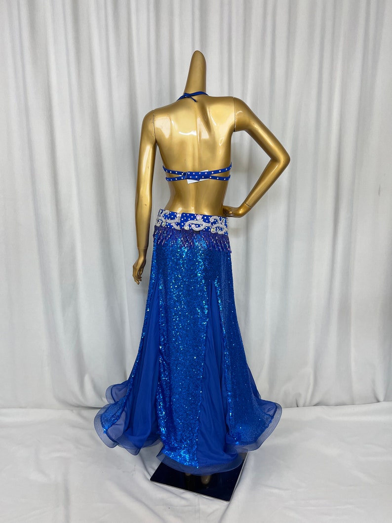 Belly Dance Costume Womens Red Sequin Embellished Halter Bra and Slit Skirt Set with Tassels, Chiffon and Sequin Fabric