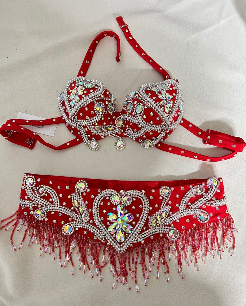 Belly Dance Costume Womens Black Sequin Beaded Rhinestone Bra and Belt Set, Halter Neck, Fringe Trim