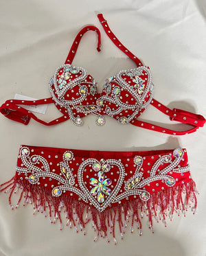 Belly Dance Costume Womens Black Sequin Beaded Rhinestone Bra and Belt Set, Halter Neck, Fringe Trim