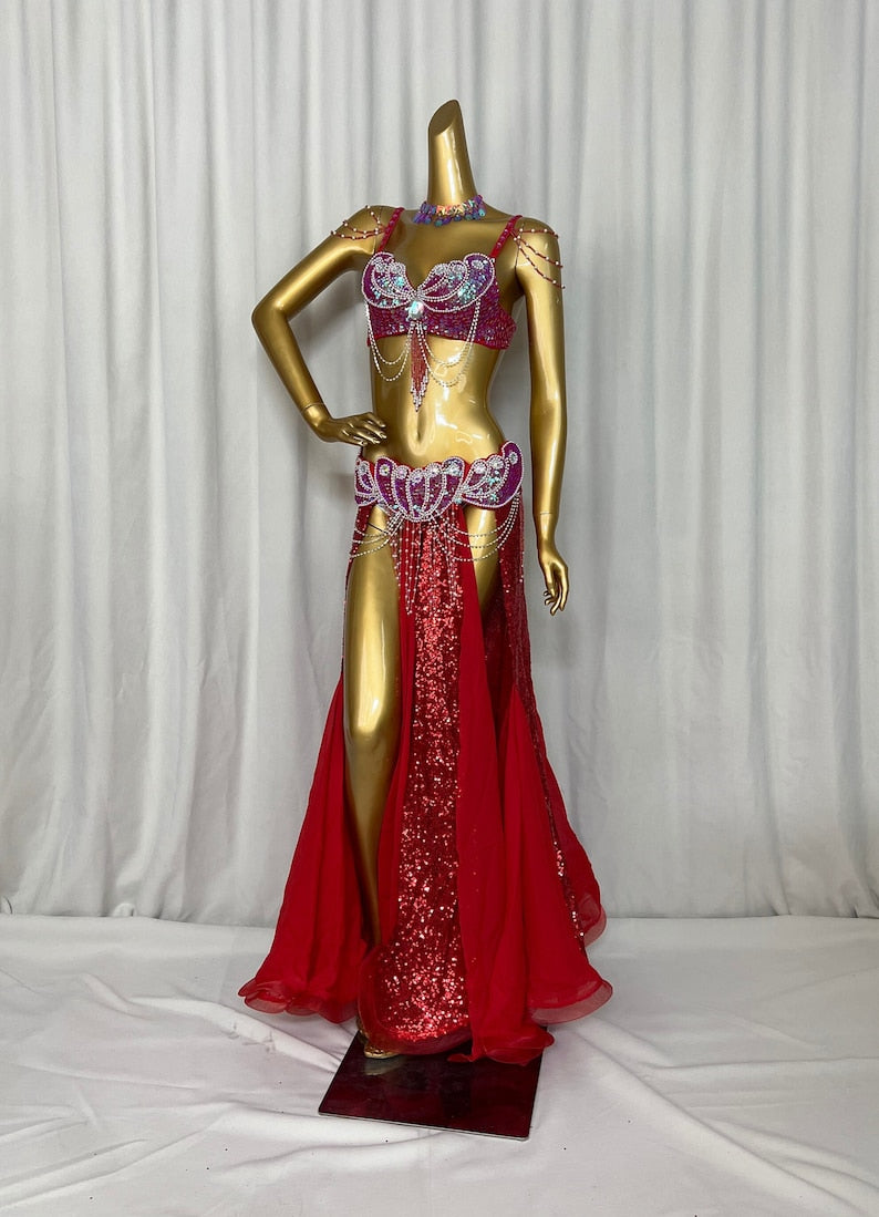 Belly Dance Costume Women's Blue & Teal Sequin Beaded Bra & Skirt Set with Chiffon Panels and Chain Detail