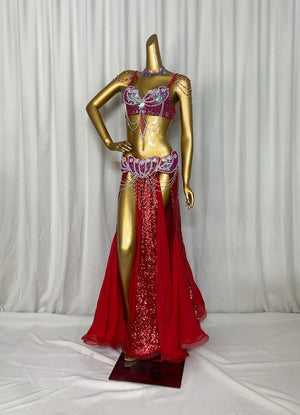 Belly Dance Costume Women's Blue & Teal Sequin Beaded Bra & Skirt Set with Chiffon Panels and Chain Detail