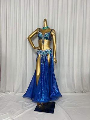 Belly Dance Costume Women's Blue & Teal Sequin Beaded Bra & Skirt Set with Chiffon Panels and Chain Detail