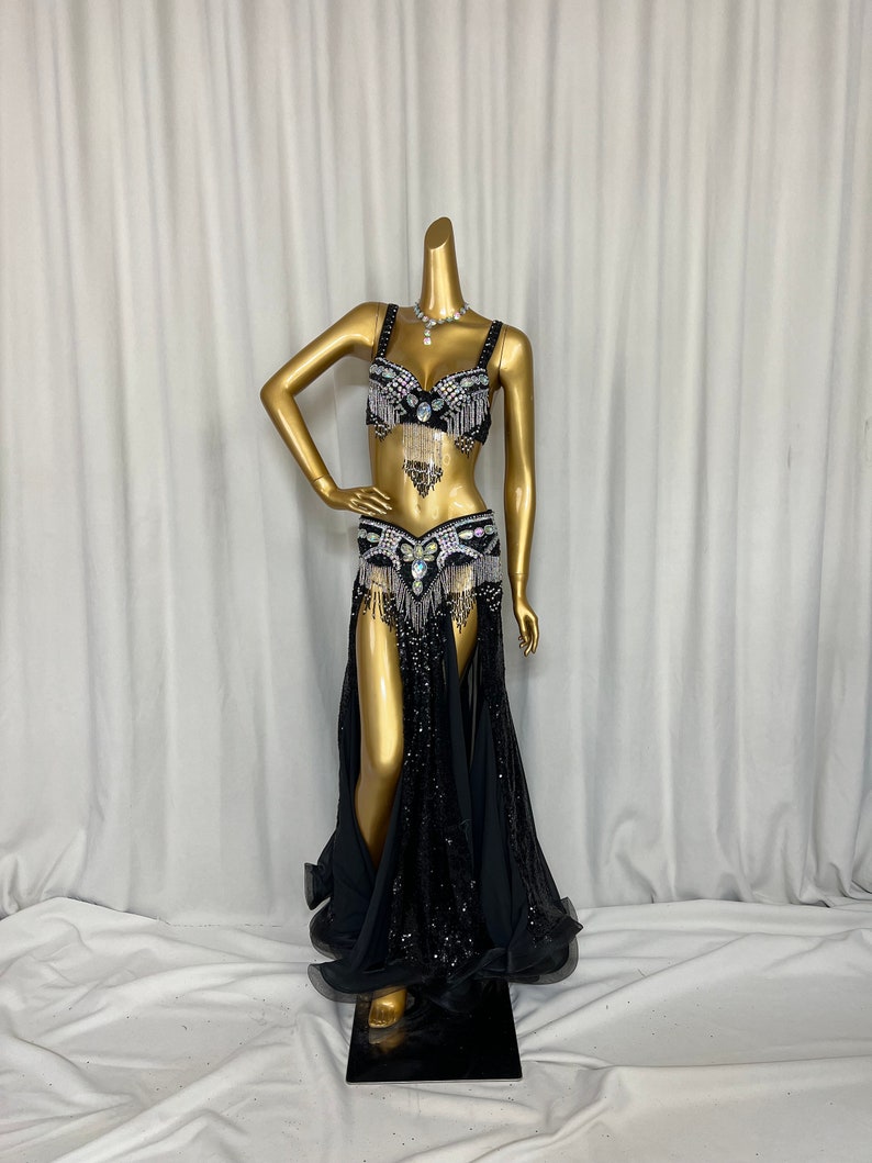 Belly Dance Costume Women Black Sequin Beaded Fringe Bra & Skirt Set with Slits, Performance Wear