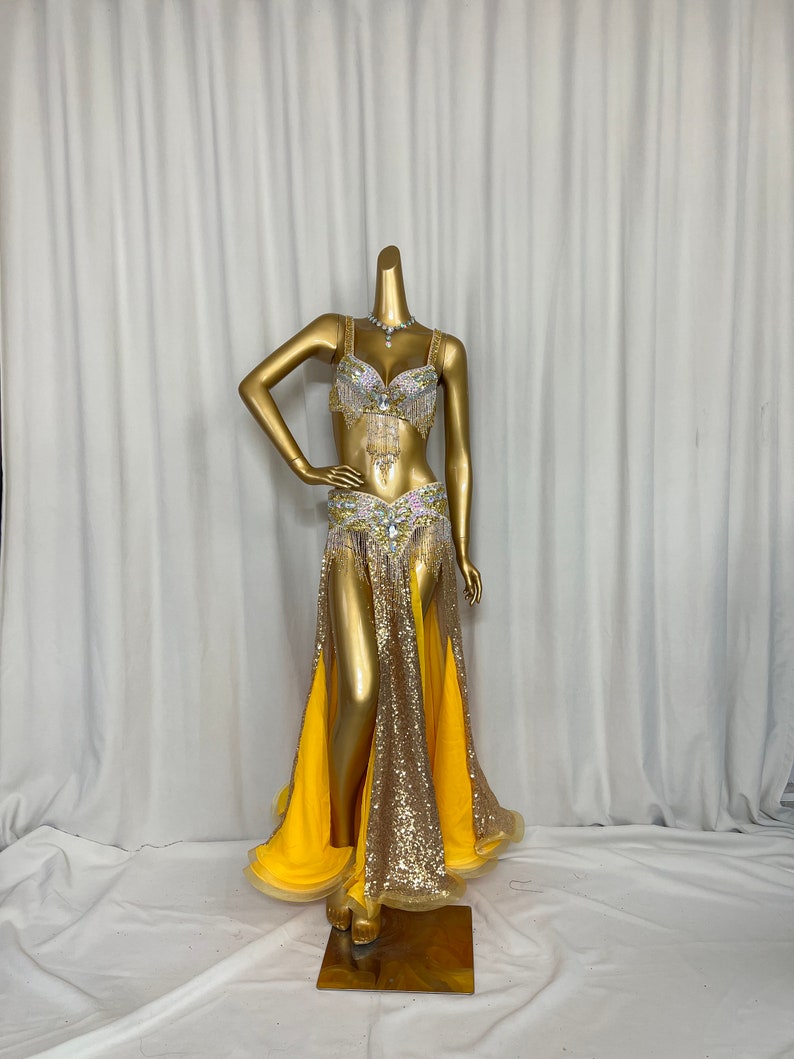 Belly Dance Costume Women Black Sequin Beaded Fringe Bra & Skirt Set with Slits, Performance Wear