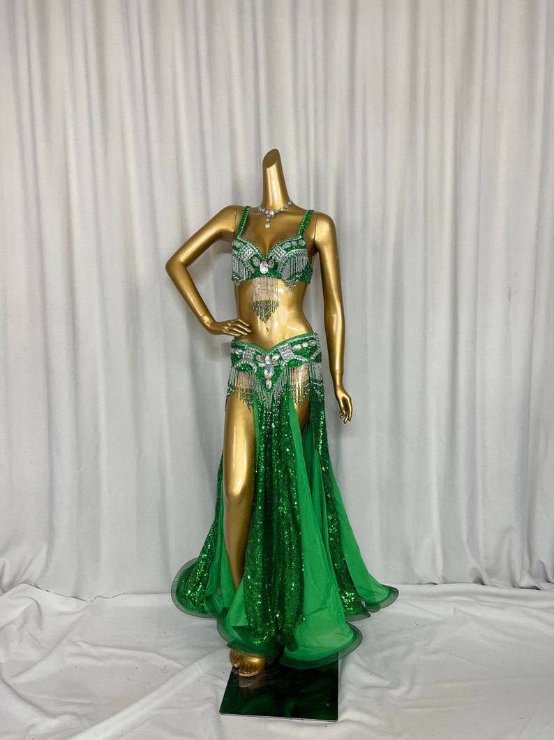 Belly Dance Costume Women Black Sequin Beaded Fringe Bra & Skirt Set with Slits, Performance Wear