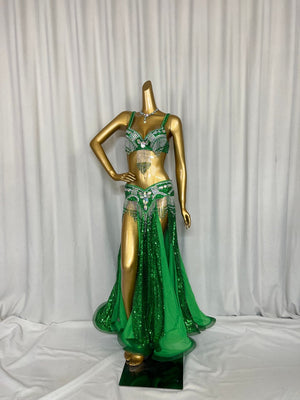 Belly Dance Costume Women Black Sequin Beaded Fringe Bra & Skirt Set with Slits, Performance Wear