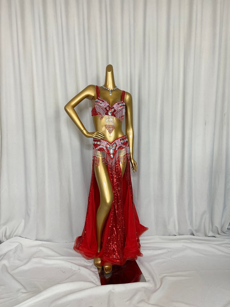 Belly Dance Costume Women Black Sequin Beaded Fringe Bra & Skirt Set with Slits, Performance Wear