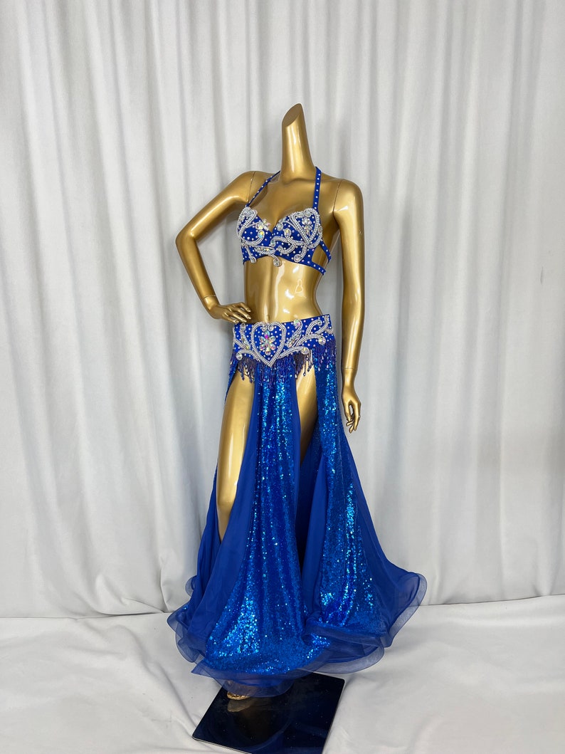 Belly Dance Costume Womens Red Sequin Embellished Halter Bra and Slit Skirt Set with Tassels, Chiffon and Sequin Fabric