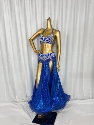 Belly Dance Costume Womens Red Sequin Embellished Halter Bra and Slit Skirt Set with Tassels, Chiffon and Sequin Fabric