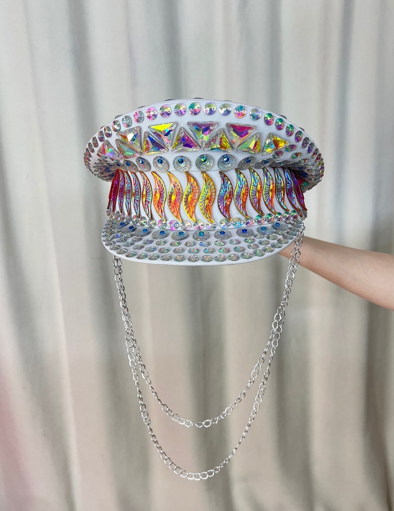 Rhinestone Captain Hat, Adult White Iridescent Gemstone Embellished Festival Visor with Chain Detail, Rave Dancewear