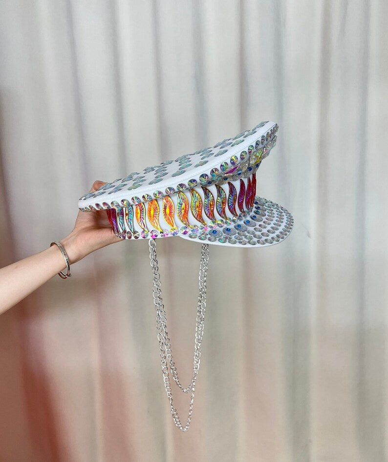 Rhinestone Captain Hat, Adult White Iridescent Gemstone Embellished Festival Visor with Chain Detail, Rave Dancewear