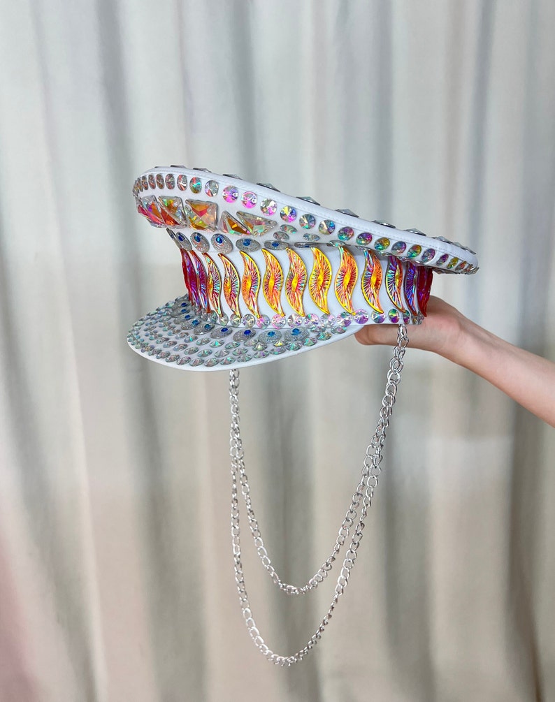 Rhinestone Captain Hat, Adult White Iridescent Gemstone Embellished Festival Visor with Chain Detail, Rave Dancewear