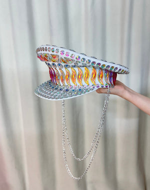 Rhinestone Captain Hat, Adult White Iridescent Gemstone Embellished Festival Visor with Chain Detail, Rave Dancewear