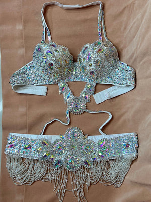 Women's White Sequin & Rhinestone Halter Neck Belly Dance Dress with Chiffon Skirt