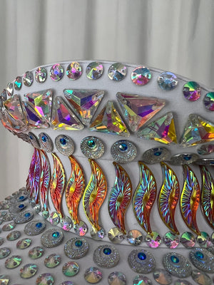 Rhinestone Captain Hat, Adult White Iridescent Gemstone Embellished Festival Visor with Chain Detail, Rave Dancewear