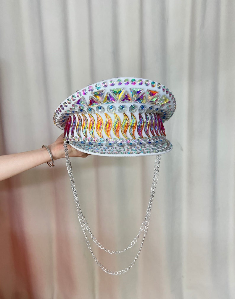 Rhinestone Captain Hat, Adult White Iridescent Gemstone Embellished Festival Visor with Chain Detail, Rave Dancewear