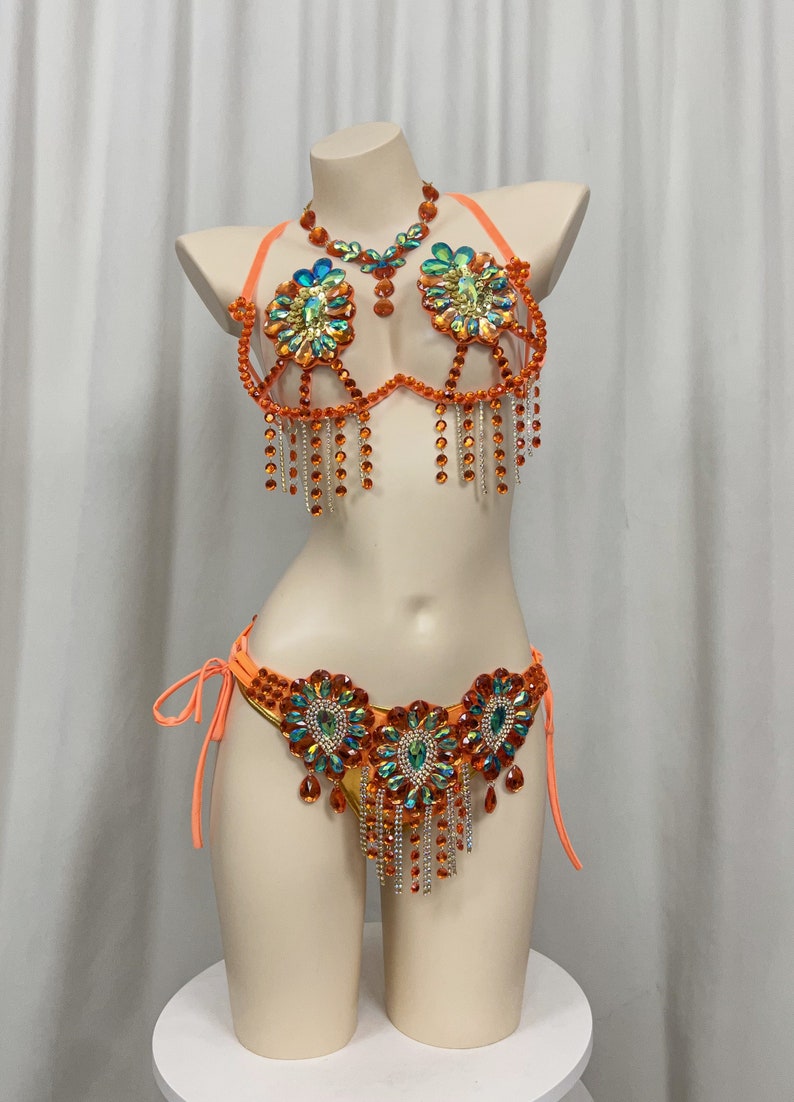 Bikini Set Women's Orange & Gold Rhinestone Embellished Fringe Carnival Dance Costume