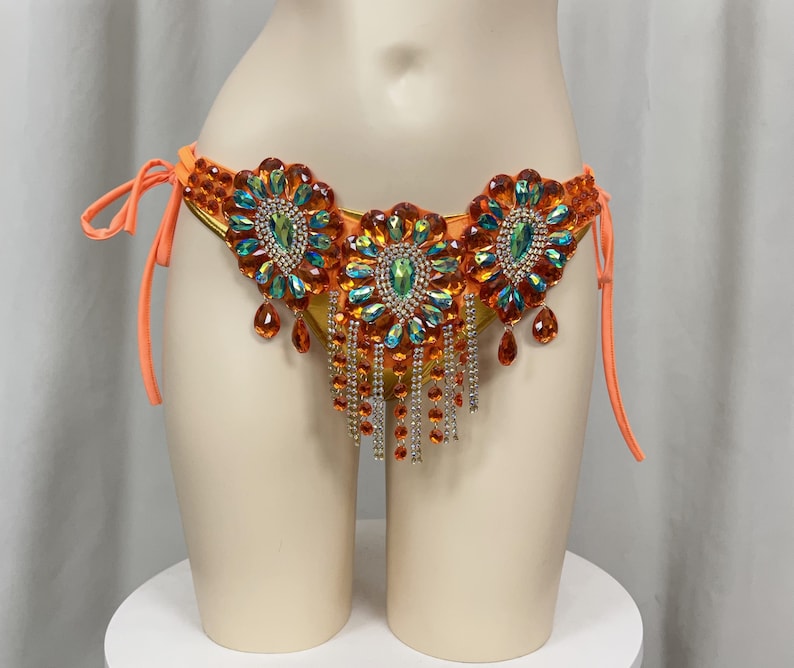 Bikini Set Women's Orange & Gold Rhinestone Embellished Fringe Carnival Dance Costume