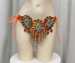 Bikini Set Women's Orange & Gold Rhinestone Embellished Fringe Carnival Dance Costume