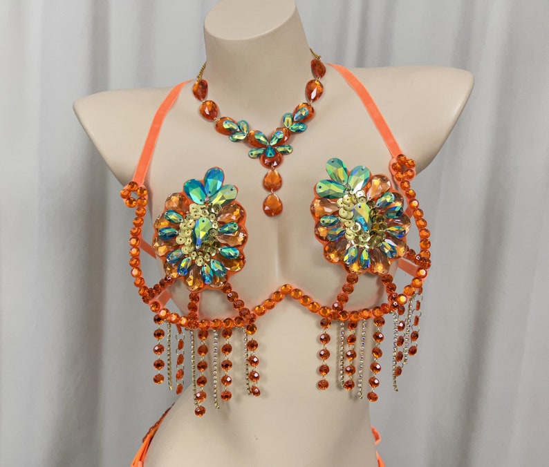 Bikini Set Women's Orange & Gold Rhinestone Embellished Fringe Carnival Dance Costume