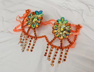 Bikini Set Women's Orange & Gold Rhinestone Embellished Fringe Carnival Dance Costume