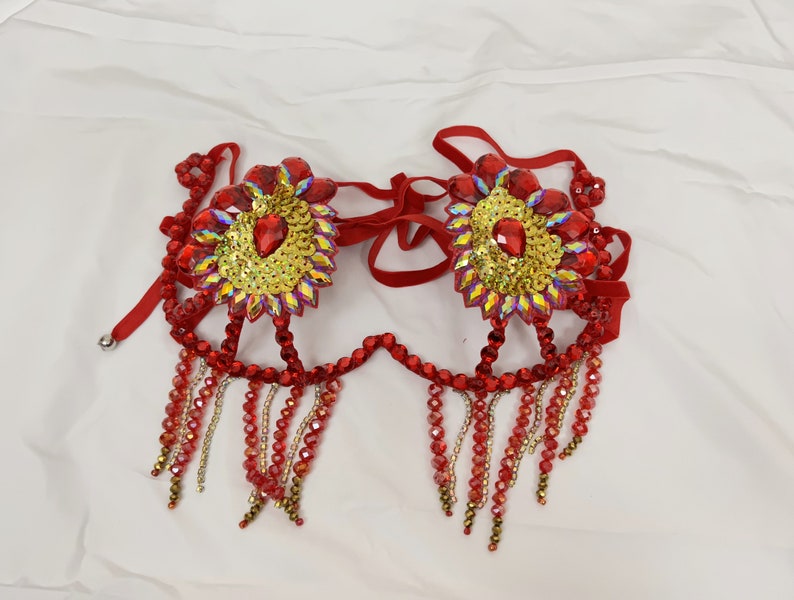 Belly Dance Bra Top, Women's Orange & Blue Sequin & Rhinestone Beaded Halter Top, Tribal Fusion Dancewear