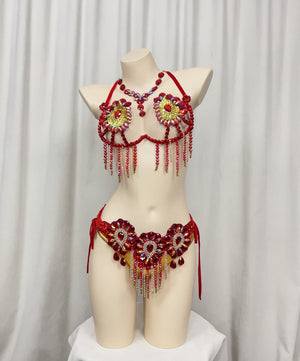 Belly Dance Costume Women's Red & Gold Beaded Crystal Rhinestone Halter Top & Hip Scarf Set, Tribal Fusion Dancewear