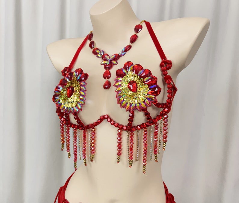 Belly Dance Costume Women's Red & Gold Beaded Crystal Rhinestone Halter Top & Hip Scarf Set, Tribal Fusion Dancewear