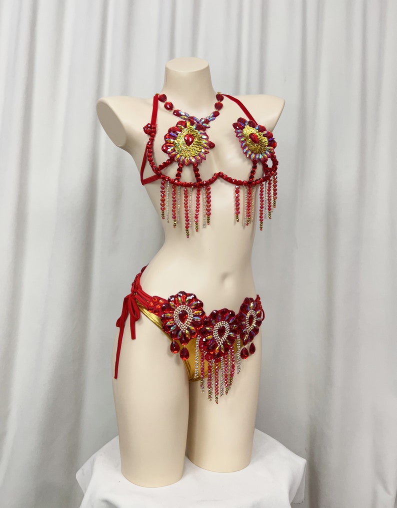 Belly Dance Costume Women's Red & Gold Beaded Crystal Rhinestone Halter Top & Hip Scarf Set, Tribal Fusion Dancewear