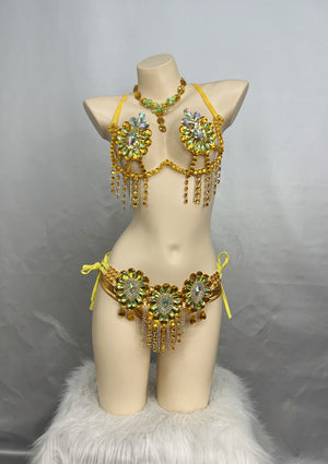 Belly Dance Costume, Women's Yellow & Gold Rhinestone Beaded Bra & Belt Set, Cabaret/Carnival Dancewear