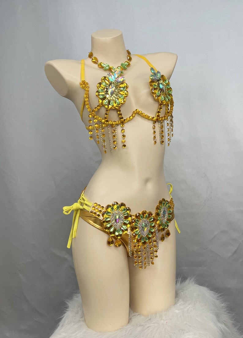 Belly Dance Costume, Women's Yellow & Gold Rhinestone Beaded Bra & Belt Set, Cabaret/Carnival Dancewear