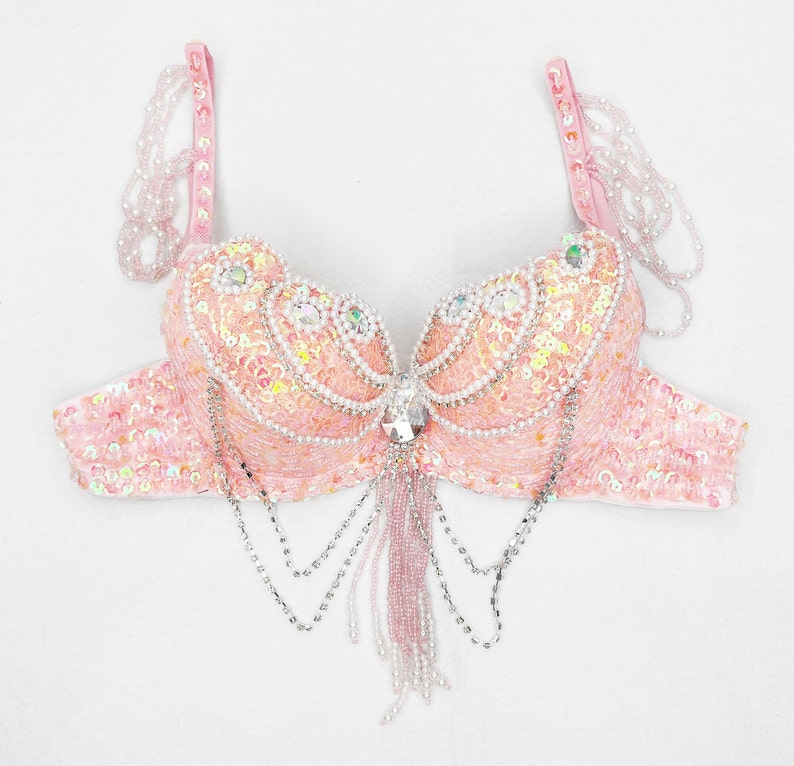 Women's Pink Sequin Beaded Belly Dance Bra Top