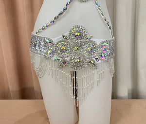 Belly Dance Costume Women's White Sequin Rhinestone Beaded Halter Bra Top and Belt Set with Fringe
