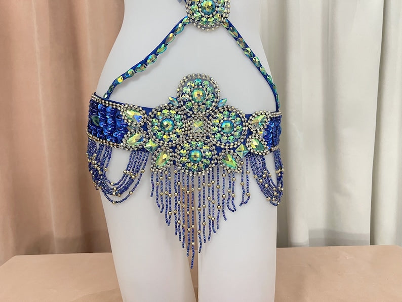 Belly Dance Costume Womens Blue & Green Embellished Sequin & Bead Bra Top with Matching Hip Belt and Choker, Halter Style