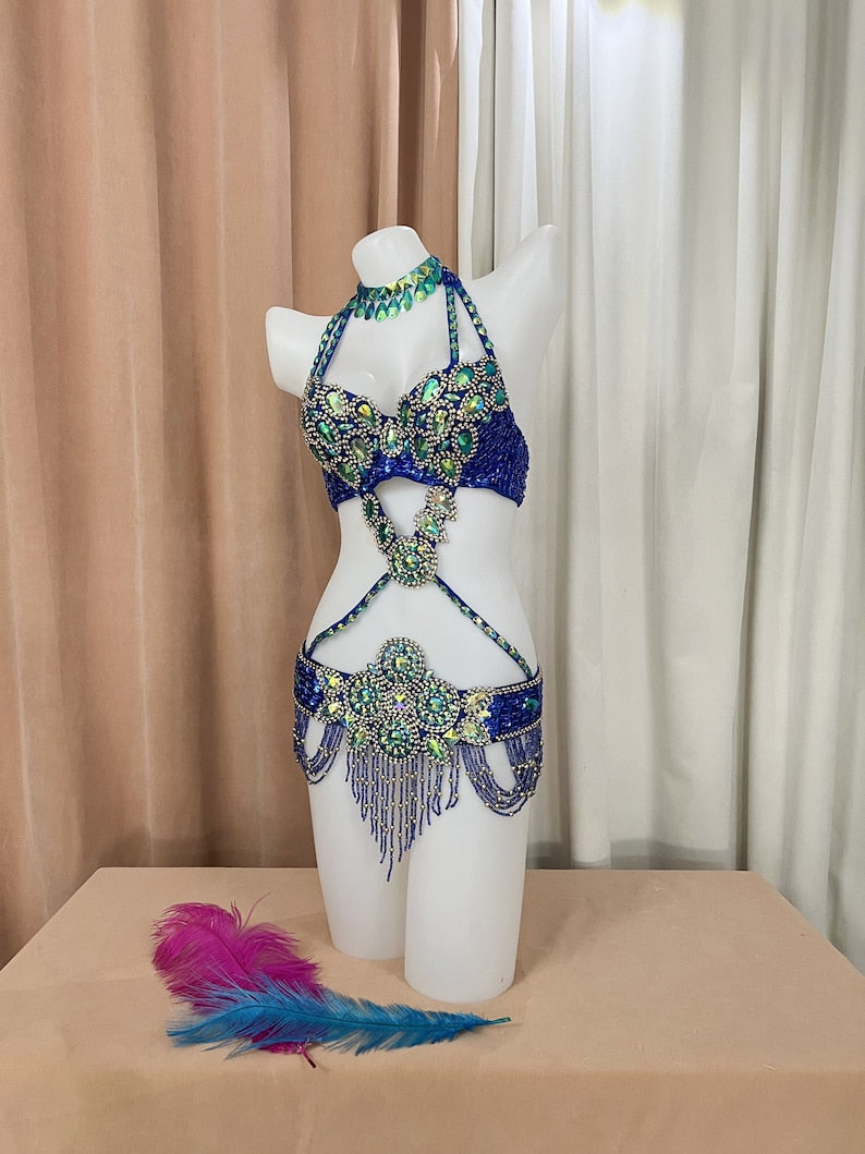 Belly Dance Costume Womens Blue & Green Embellished Sequin & Bead Bra Top with Matching Hip Belt and Choker, Halter Style