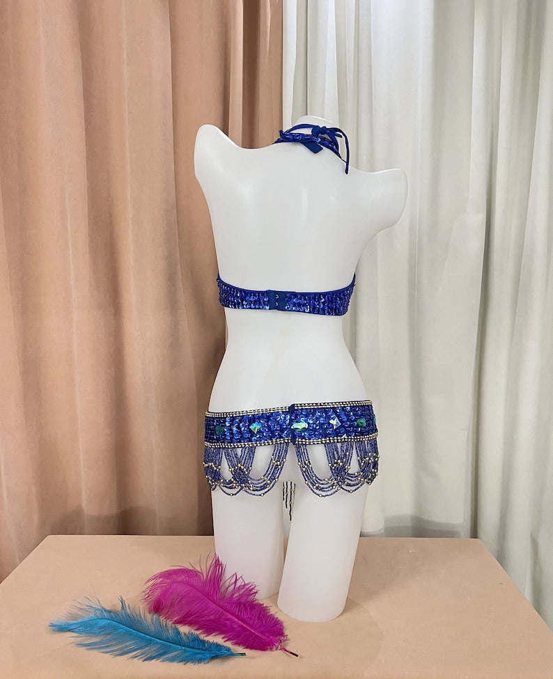 Belly Dance Costume Womens Blue & Green Embellished Sequin & Bead Bra Top with Matching Hip Belt and Choker, Halter Style