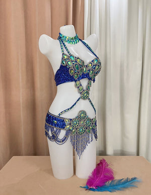 Belly Dance Costume Womens Blue & Green Embellished Sequin & Bead Bra Top with Matching Hip Belt and Choker, Halter Style