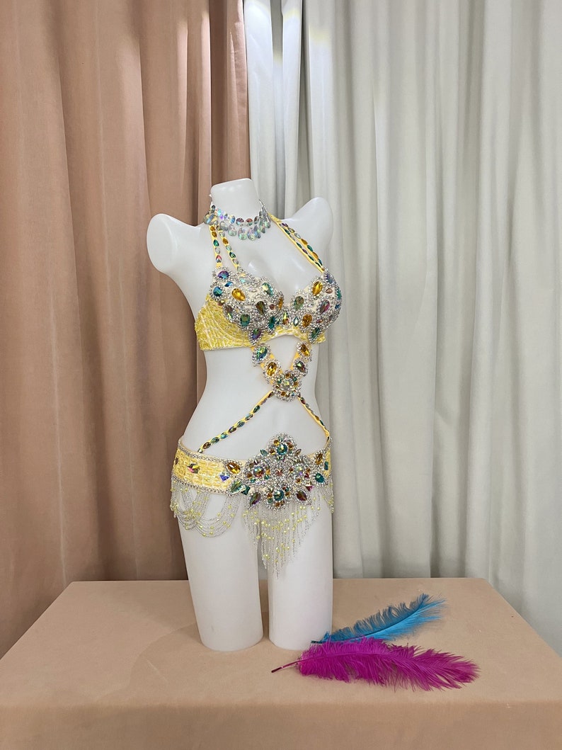 Belly Dance Costume, Women's Yellow Sequin & Rhinestone Embellished Halter Bra and Hip Scarf Set, Professional Performance Outfit