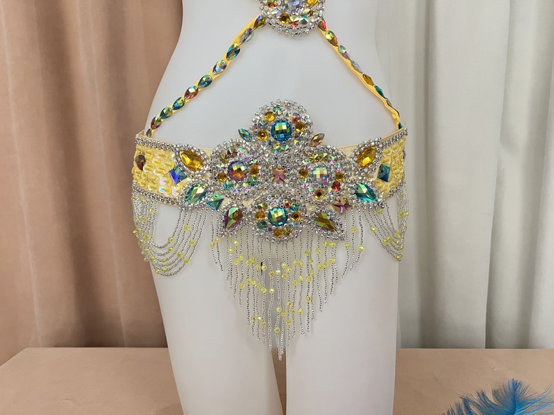 Belly Dance Costume, Women's Yellow Sequin & Rhinestone Embellished Halter Bra and Hip Scarf Set, Professional Performance Outfit