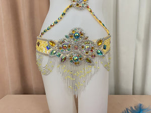 Belly Dance Costume, Women's Yellow Sequin & Rhinestone Embellished Halter Bra and Hip Scarf Set, Professional Performance Outfit