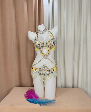 Belly Dance Costume, Women's Yellow Sequin & Rhinestone Embellished Halter Bra and Hip Scarf Set, Professional Performance Outfit