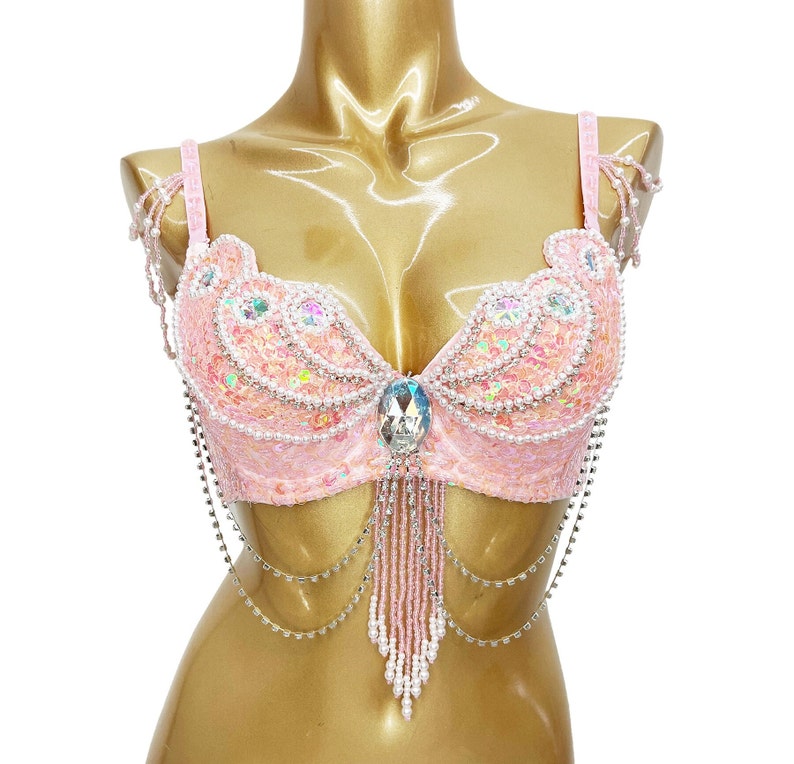 Women's Pink Sequin Beaded Belly Dance Bra Top