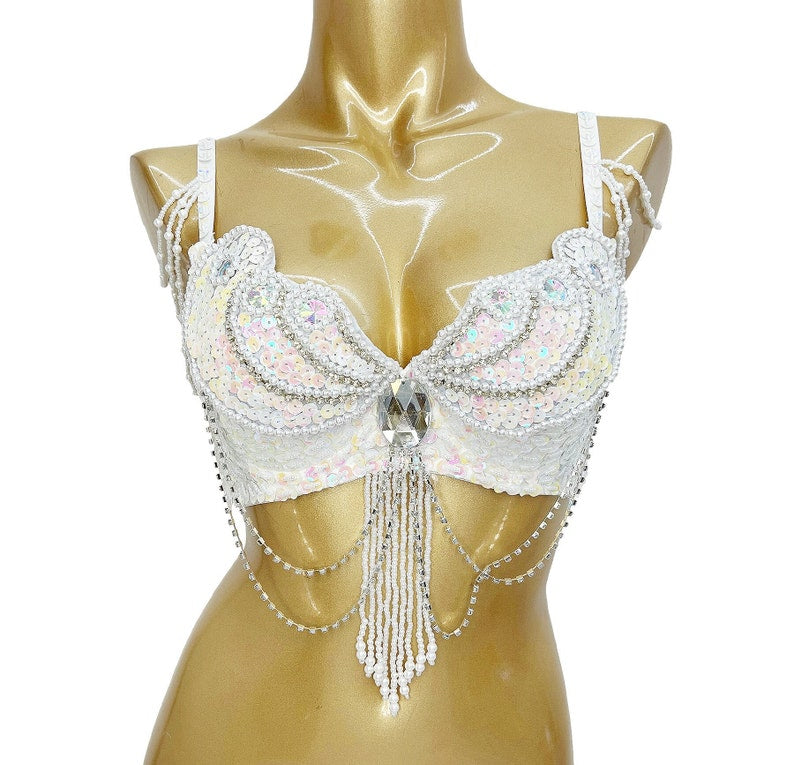 Women's White Iridescent Sequin Beaded Fringe Rhinestone Dance Bra Top