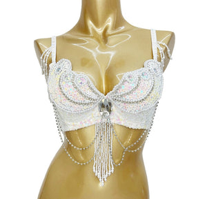 Women's White Iridescent Sequin Beaded Fringe Rhinestone Dance Bra Top