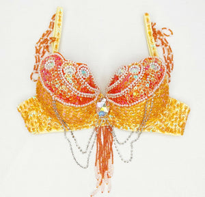 Women's White Iridescent Sequin Beaded Fringe Rhinestone Dance Bra Top