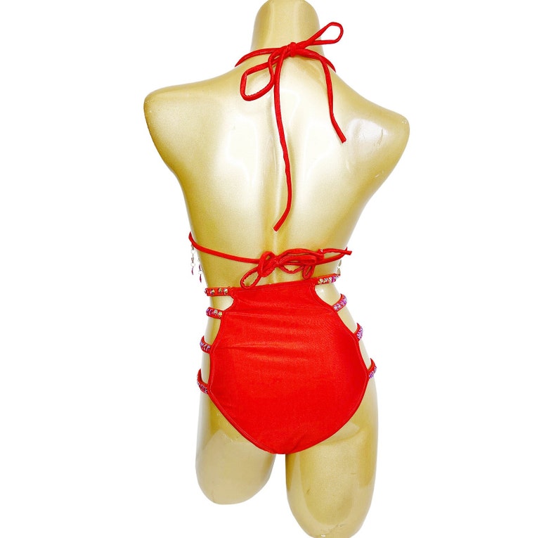 Women's Red Rhinestone Fringe Cutout Embellished Bikini Set, Latin Salsa Dancewear