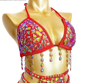 Women's Red Rhinestone Fringe Cutout Embellished Bikini Set, Latin Salsa Dancewear