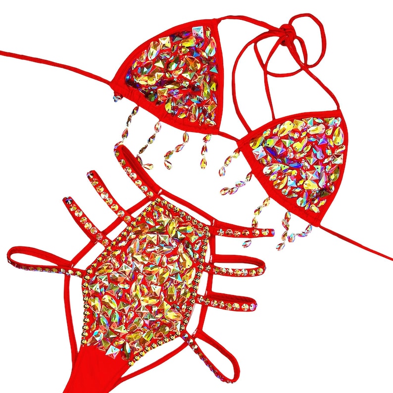 Women's Red Rhinestone Fringe Cutout Embellished Bikini Set, Latin Salsa Dancewear