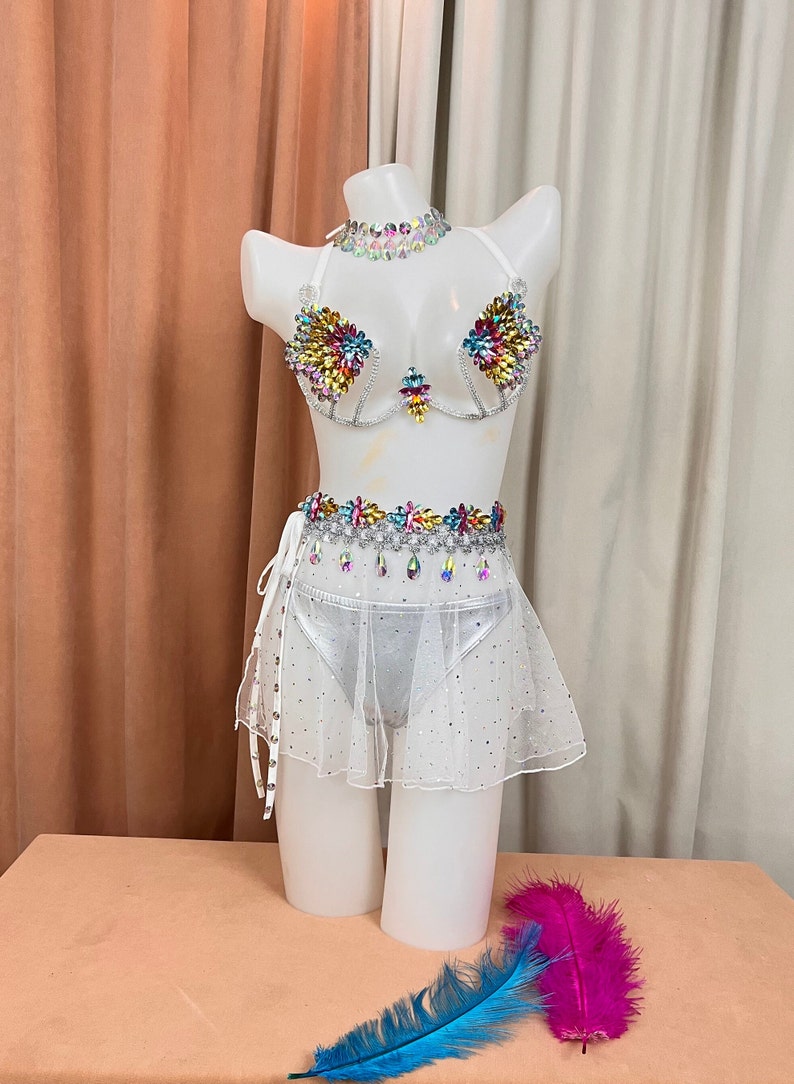 Women's White Iridescent Gemstone Embellished Bra Top & Sheer Skirt Set - Samba Dancewear