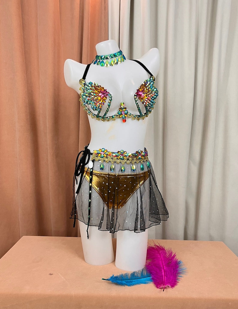 Belly Dance Costume, Women's Multi-Color Embellished Bra & Skirt Set, Gold Bottoms, Black Mesh Skirt, Sequin & Rhinestone Detail